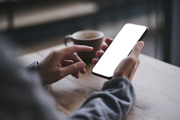 Person using a smartphone with blank screen in a cafe