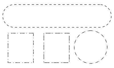 Set of rectangle shapes with dashed lines. Dotted geometric figures isolated on white background. Cut here pictograms for paper coupons or sale tags. Vector outline illustration