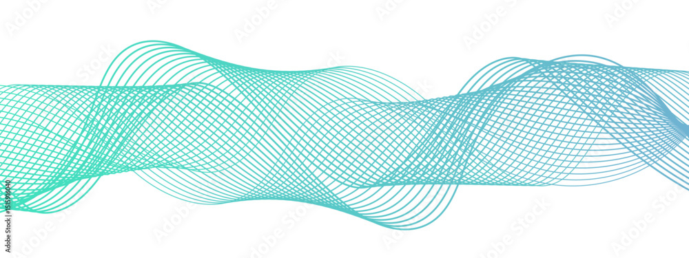 Poster abstract digital composition with smooth, flowing waveforms made of fine, parallel blue lines. sense