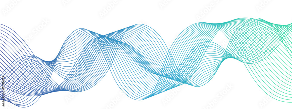 Poster abstract digital composition with smooth, flowing waveforms made of fine, parallel blue lines. sense