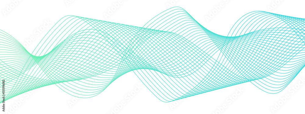 Poster abstract digital composition with smooth, flowing waveforms made of fine, parallel blue lines. sense