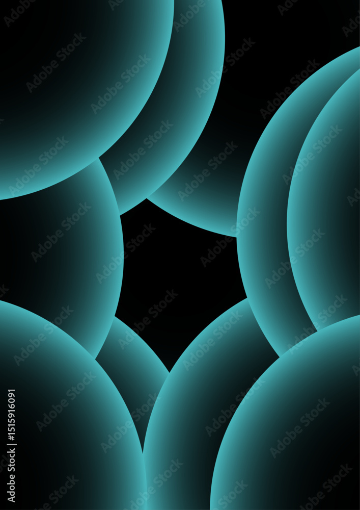 Poster Abstract digital artwork with concentric circular arcs in a soft teal glow in deep black background. Rhythmic and geometric pattern with diffused neon glow and futuristic and luminous light art.