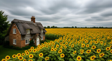 Charming Thatched Cottage Nestled Near a Vibrant Sunflower Field on Cloudy Day
