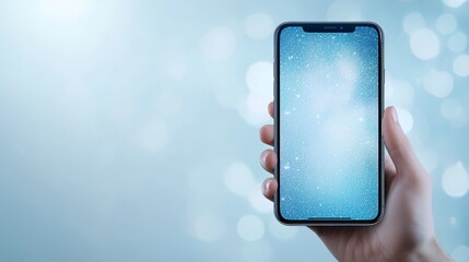 Person using smartphone against vibrant blue backdrop modern communication and technology