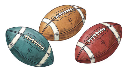 Hand-Drawn Style Set of Three American Footballs in Blue, Brown, and Red Isolated on Transparent Background for Sports and Art Concepts