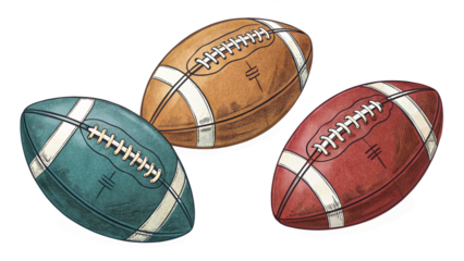 Hand-Drawn Style Set of Three American Footballs in Blue, Brown, and Red Isolated on Transparent Background for Sports and Art Concepts