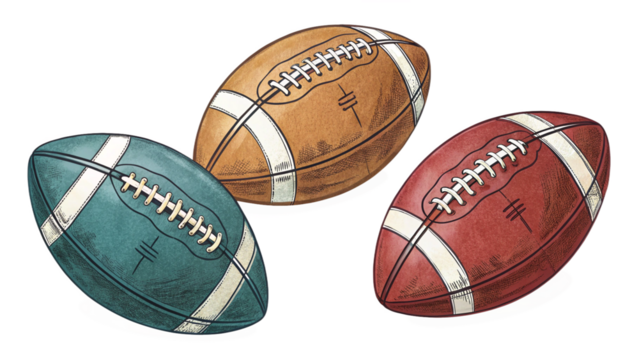 Hand-Drawn Style Set of Three American Footballs in Blue, Brown, and Red Isolated on Transparent Background for Sports and Art Concepts