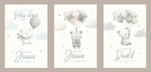 Watercolor baby bear with balloon in the sky For nursery kids Birthday party boy Print for invitation card Poster Template.