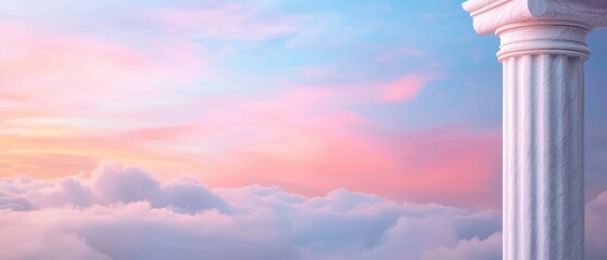 A serene sky with pastel clouds surrounds a classical white column, evoking a sense of tranquility and elegance.