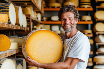 Happy cheesemaker holding a wheel of cheddar in his hands in the storage room