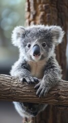 Fototapeta premium Cute koala joey on branch in zoo enclosure