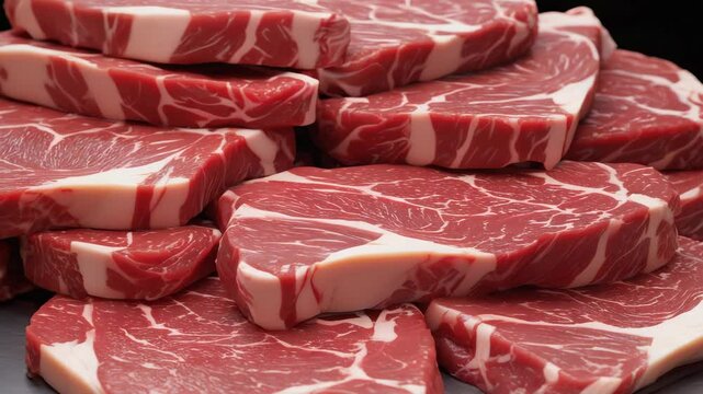 raw beef ribeye steak slices stacked closeup on black background