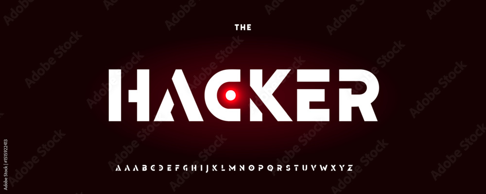 Poster cyber hacker alphabet, bold techno font, digital fraud sci-fi typeset with geometric edge for securi