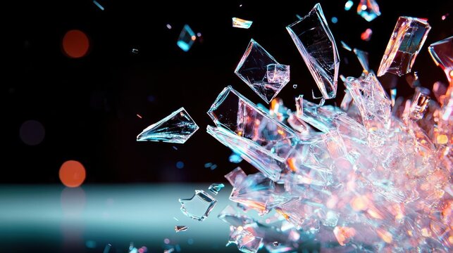Group of broken glass pieces scattered on a black background. the glass pieces are of different sizes and shapes, with some being larger and some being smaller.