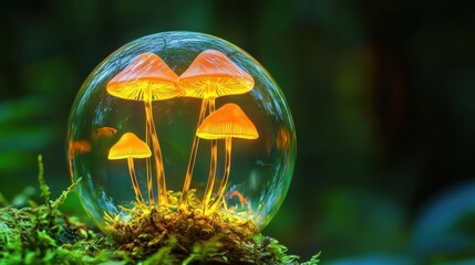 Fototapeta premium Close-up of a group of small orange mushrooms inside a transparent sphere.