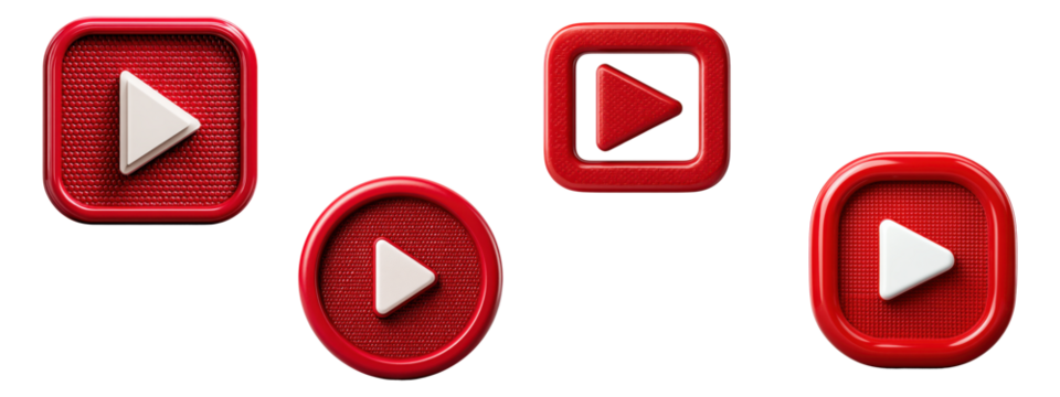 Red 3D play button icons set isolated on transparent background

