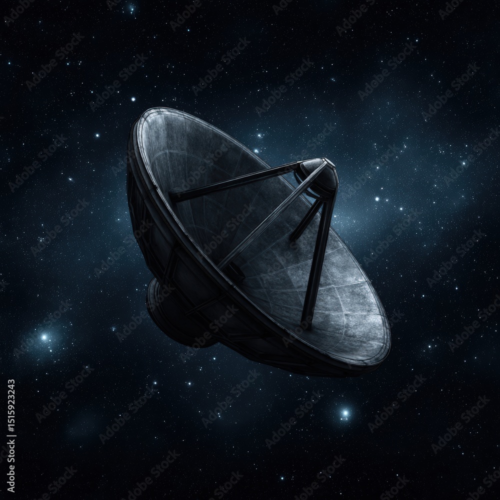 Poster satellite dish capturing cosmic signals against the expansive backdrop of space illuminated by dista