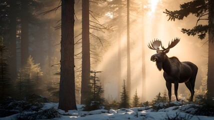 Majestic Deer Standing in Enchanted Forest with Sunlight Rays