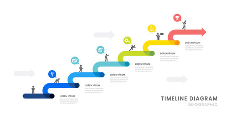 Business roadmap timeline infographic with 6 arrow milestones elements, diagram, and icon, vector.