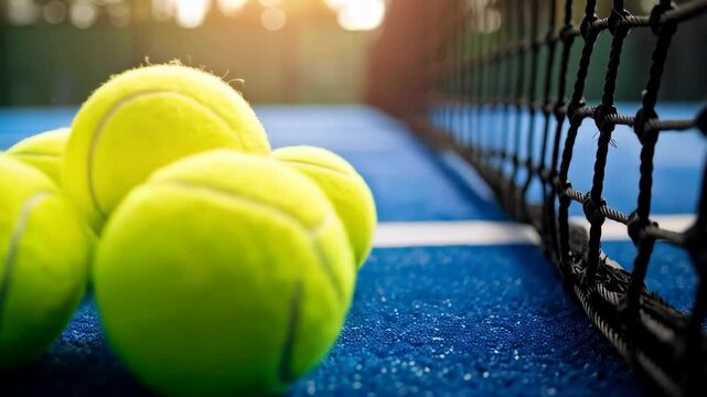 Close-up of bright yellow tennis balls arranged on a blue textured court near a net, sunlight and shallow depth of field