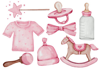 Toys for kids watercolor illustration, soft pink, newborn clipart, hand drawn, decor