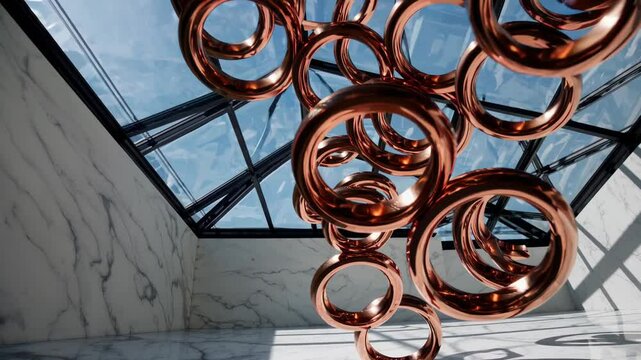 Abstract copper ring sculpture suspended from glass ceiling in modern marble interior with natural light


