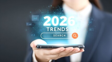 Fototapeta premium Digital marketing professional presenting smartphone with holographic display showcasing 2026 trends and search options, emphasizing technology and innovation in modern business strategies