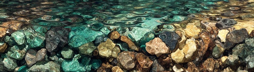 Colorful stones submerged in clear water, creating a tranquil natural scene.