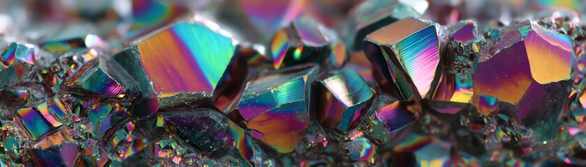 Colorful crystals with iridescent surfaces, showcasing unique geometric shapes.