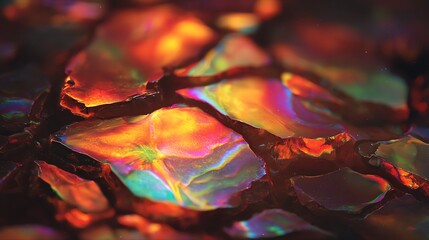 Colorful opal texture with shimmering iridescent patterns, black isolated background.