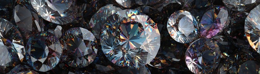 Glittering diamonds scattered on a dark background, showcasing their brilliance.