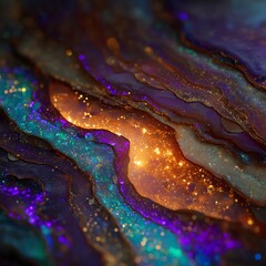 Abstract colorful layers with glowing elements on a dark background.
