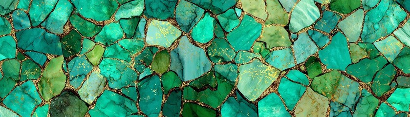 Colorful mosaic of green stones, intricate texture and pattern, suitable for design