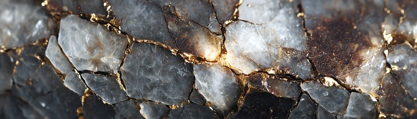 Close-up of mineral texture with cracks and golden veins on a dark background.