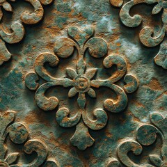 Intricate vintage decorative pattern with patina, close-up view.