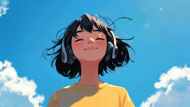 A serene anime girl with headphones smiles against a sky background with clouds