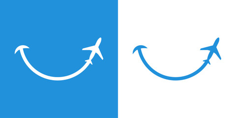 Logo Travel. Banner con silueta de avión de pasajeros en sonrisa de emoticono