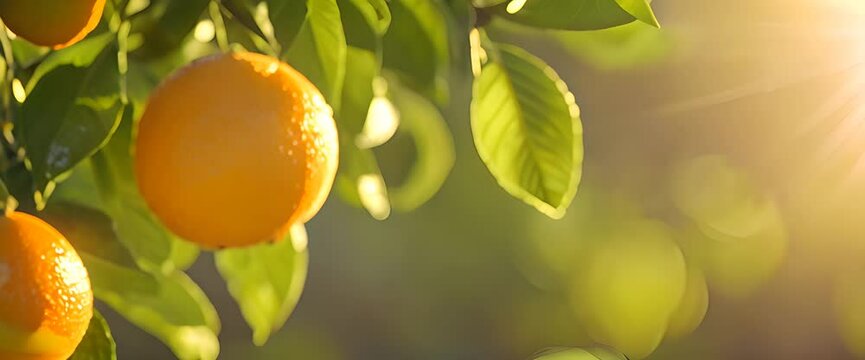 Close up tracking shot of fresh citrus fruit, glistening with dew, vibrant oranges, lemons, and limes