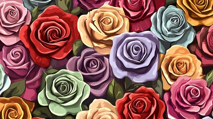 A vibrant display of colorful roses in various shades and textures.