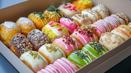 Assorted mini donuts in a box, vibrant icing and creative toppings arrangement