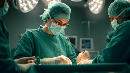Surgeon in green scrubs and mask is performing intricate surgery in modern operating room, with bright surgical lights illuminating the focused team and advanced medical equipment in background