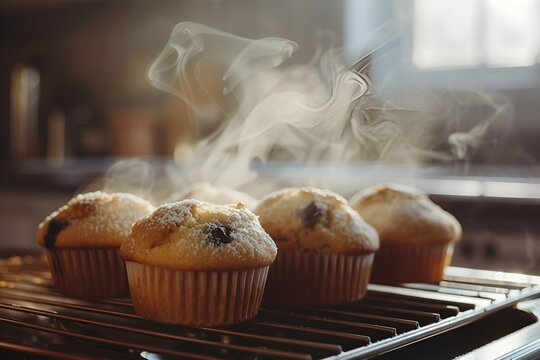 Freshly baked blueberry muffins with visible berries, placed on a cooling rack, steam rising, kitchen setting with natural morning light 