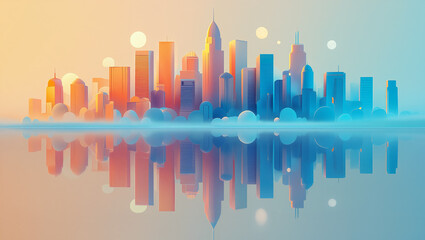 A vibrant city skyline is mirrored perfectly in calm water at dawn, showcasing tall buildings and a soft color blend of orange and blue lights. Generative AI.