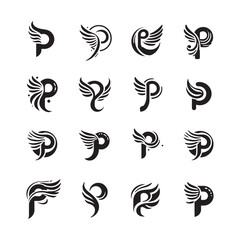 Set of Letter P Logo Icons with Creative Wing and Fluid Shape, Modern P Letter Logo Collection, Stylish Winged Letter P Vector Icons for Branding

