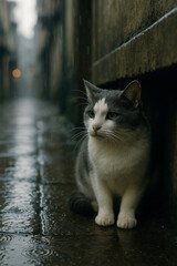 White and gray cat sheltering from rain in quiet urban alley, realistic photo – Generative AI