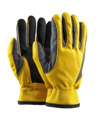 Pair of bright yellow work gloves with gray accents.  Durable construction, likely leather and lining.  Comfortable fit for various tasks