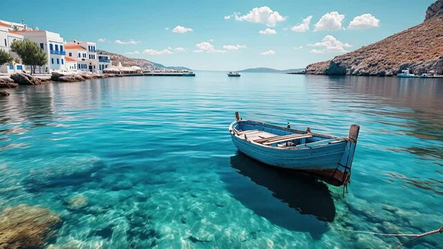 A small wooden boat floats peacefully on crystal-clear turquoise waters beside whitewashed houses with blue shutters on a tranquil Greek island under a bright summer sky.