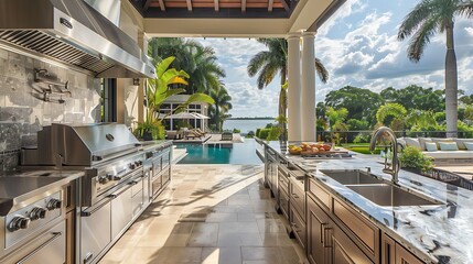 Fototapeta premium Outdoor kitchen design with a swimming pool landscape view