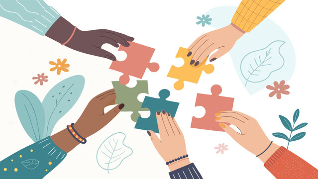 Group of diverse hands assembling puzzle pieces unity and teamwork concept with a modern, inclusive color palette vector.