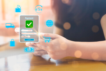 Online shopping and payment concept. Hands holding mobile phone on blurred background. Paying after delivery. Complete the payment after purchase.